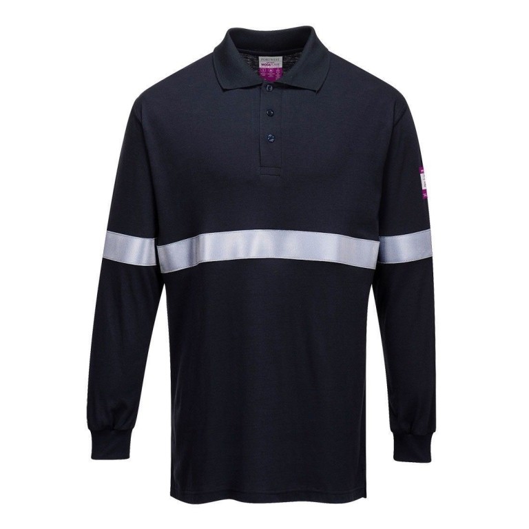 Portwest Flame Resistant Anti-Static Long Sleeve Polo Shirt -Reflective Tape